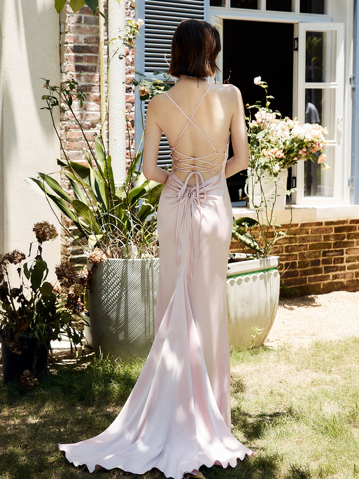 Robe Longue Dos Nu à Lacets et à Cordon de Serrage