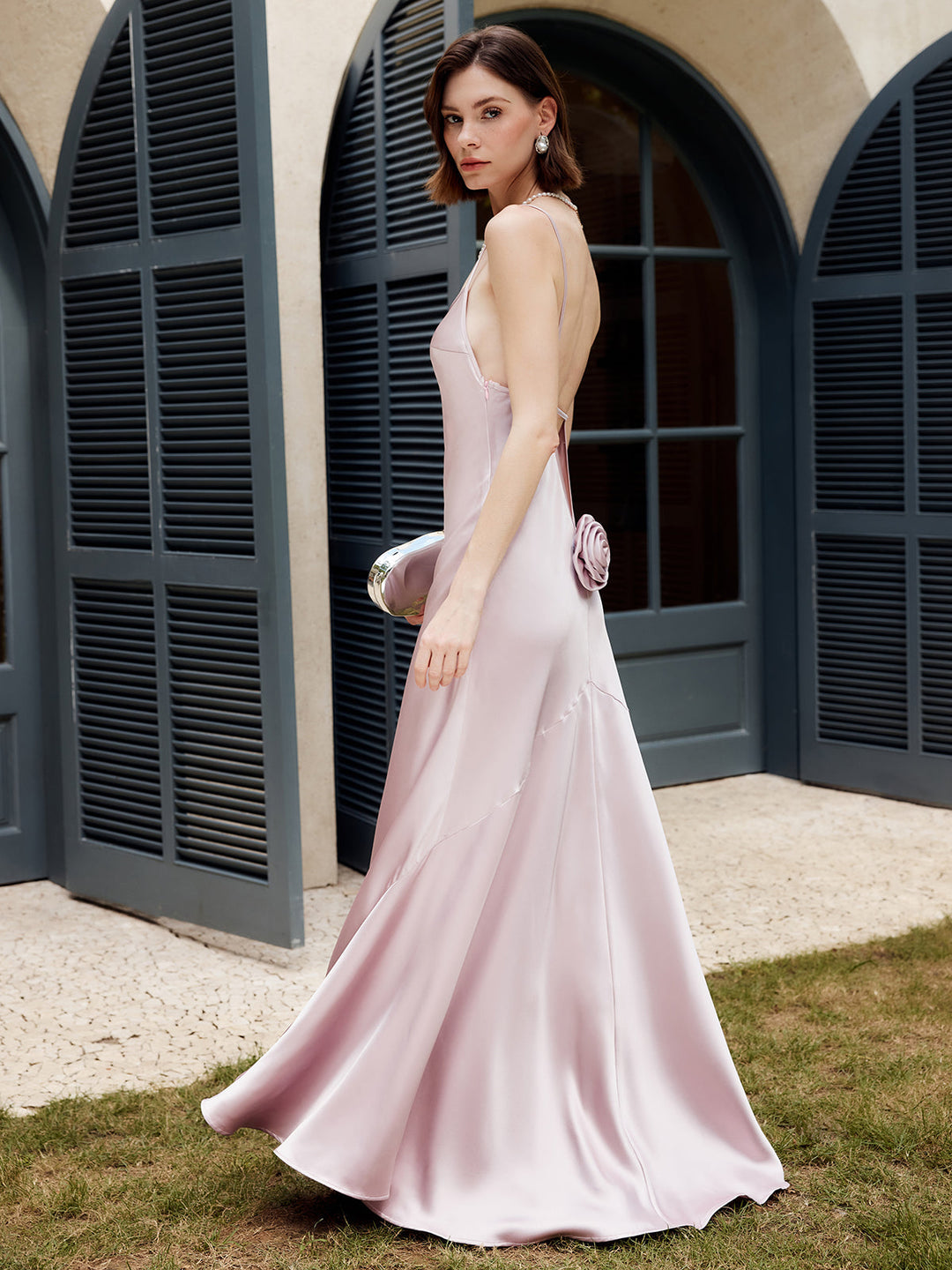 Robe Longue Dos Nu Plissée Rosette