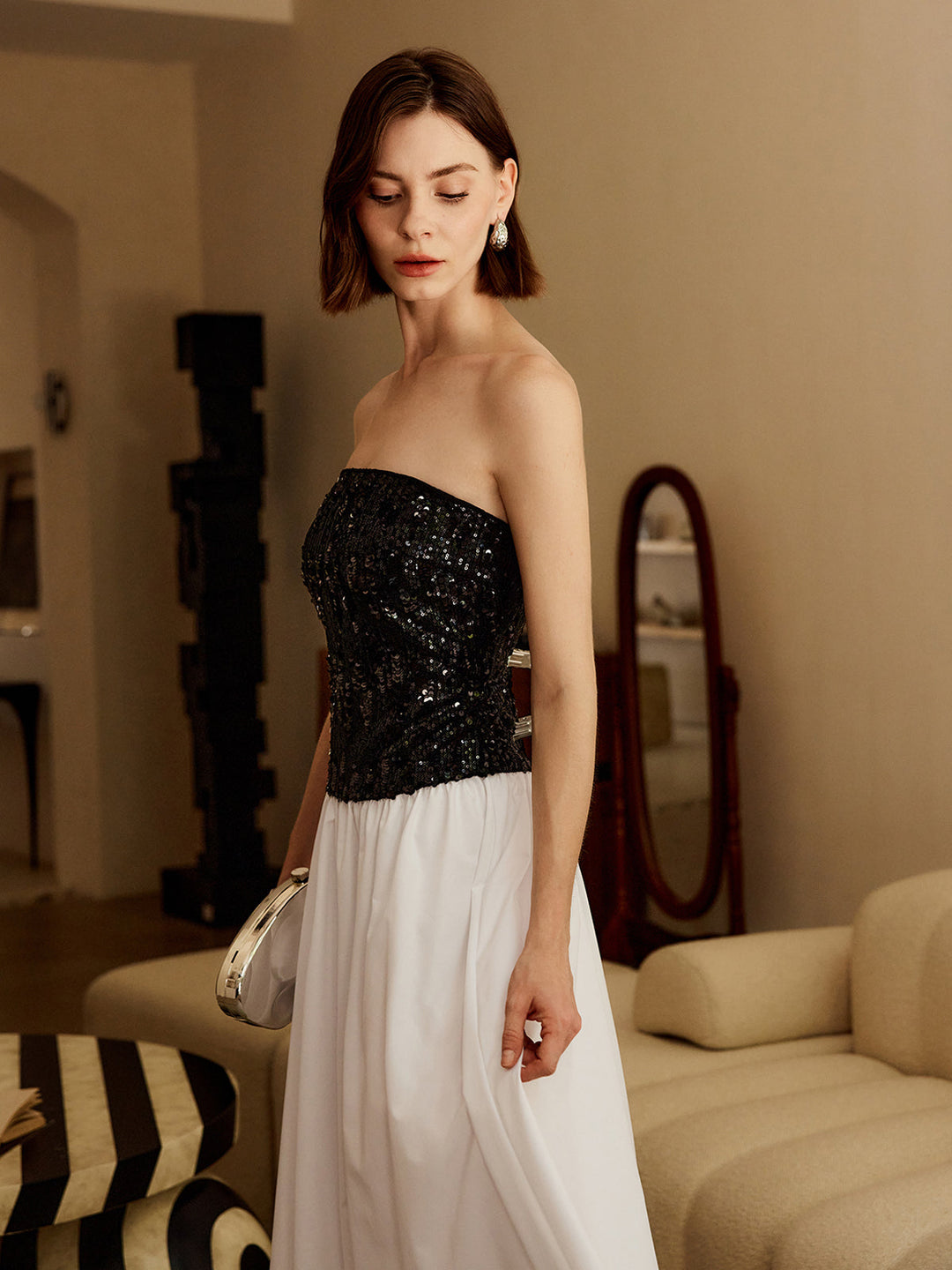Robe Longue Bandeau Plissée à Sequins