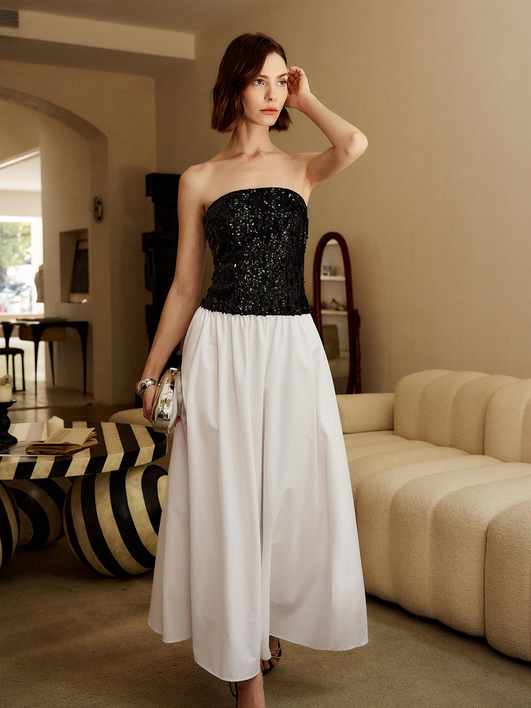 Robe Longue Bandeau Plissée à Sequins