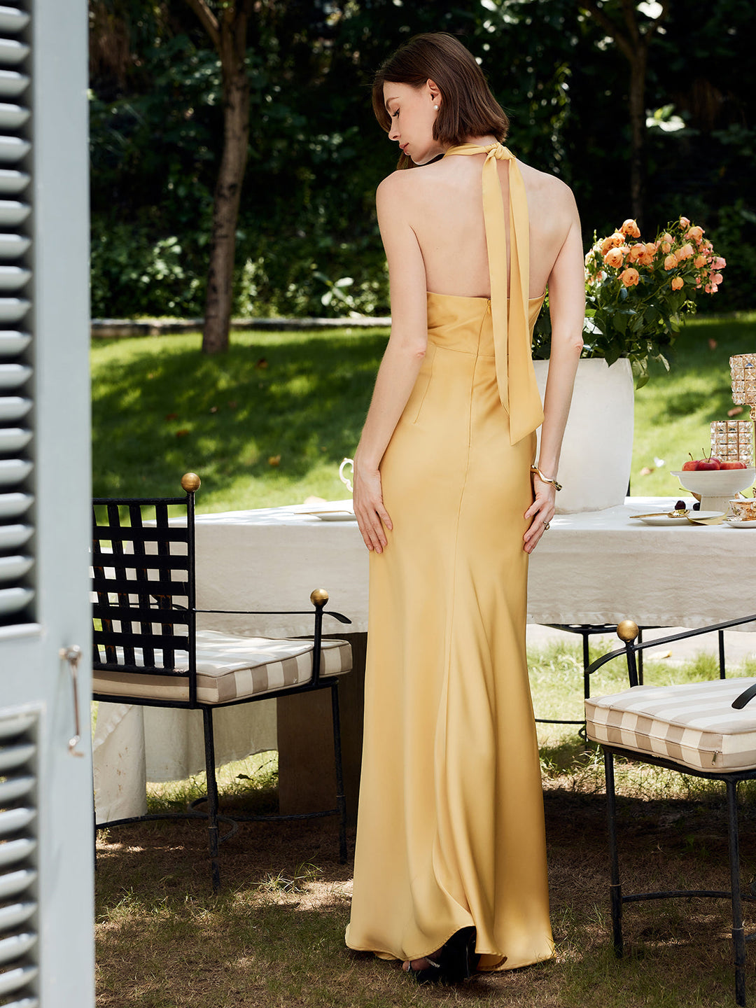 Robe Longue Satinée dos nu à fines bretelles