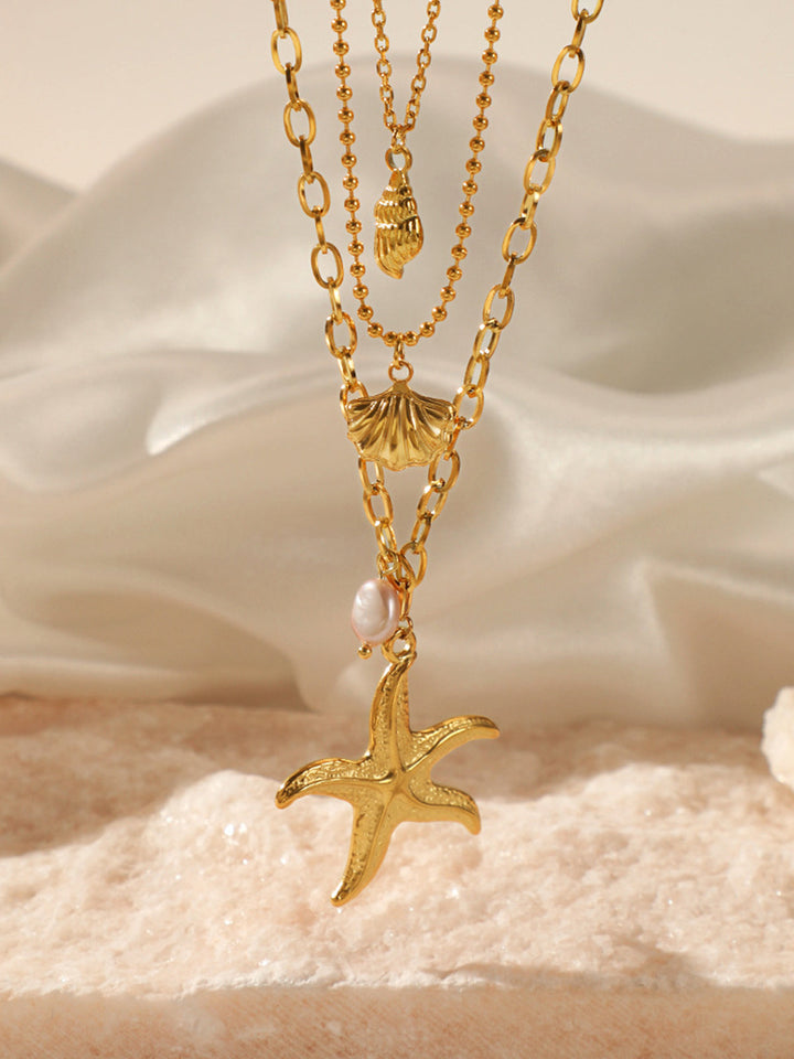 Collier Sautoir Perle Étoile de Mer Triple Couches