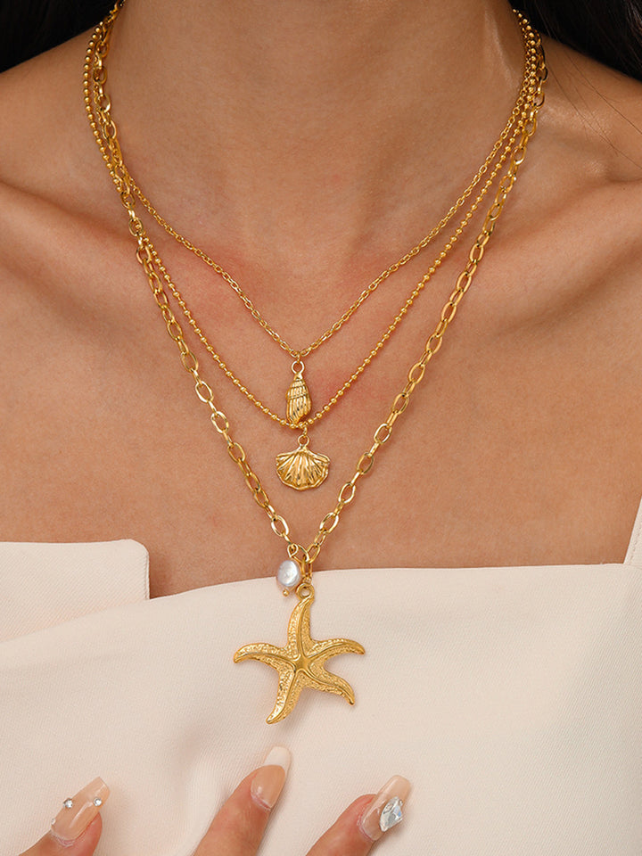 Collier Sautoir Perle Étoile de Mer Triple Couches