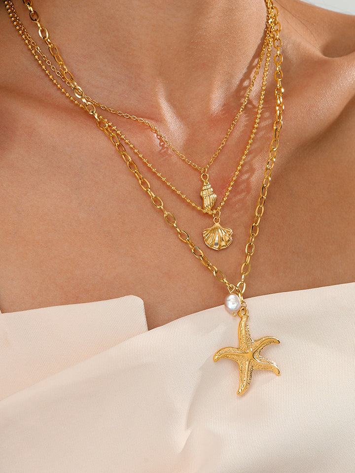 Collier Sautoir Perle Étoile de Mer Triple Couches