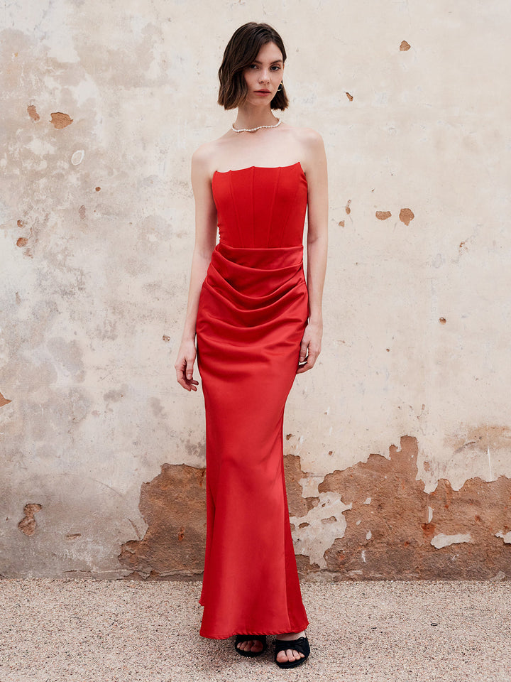 Robe Longue à Bretelles Plissées avec Fermeture Éclair