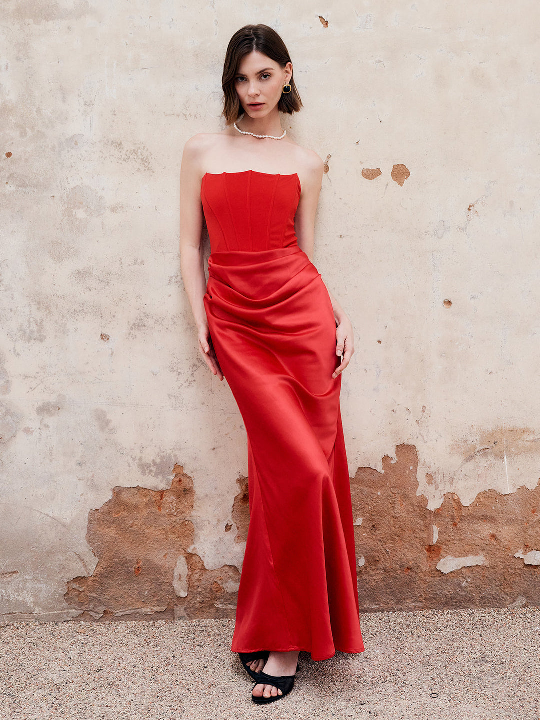Robe Longue à Bretelles Plissées avec Fermeture Éclair