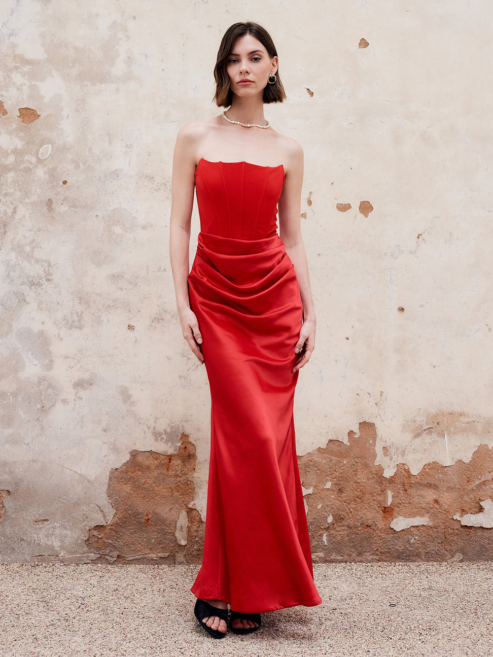 Robe Longue à Bretelles Plissées avec Fermeture Éclair