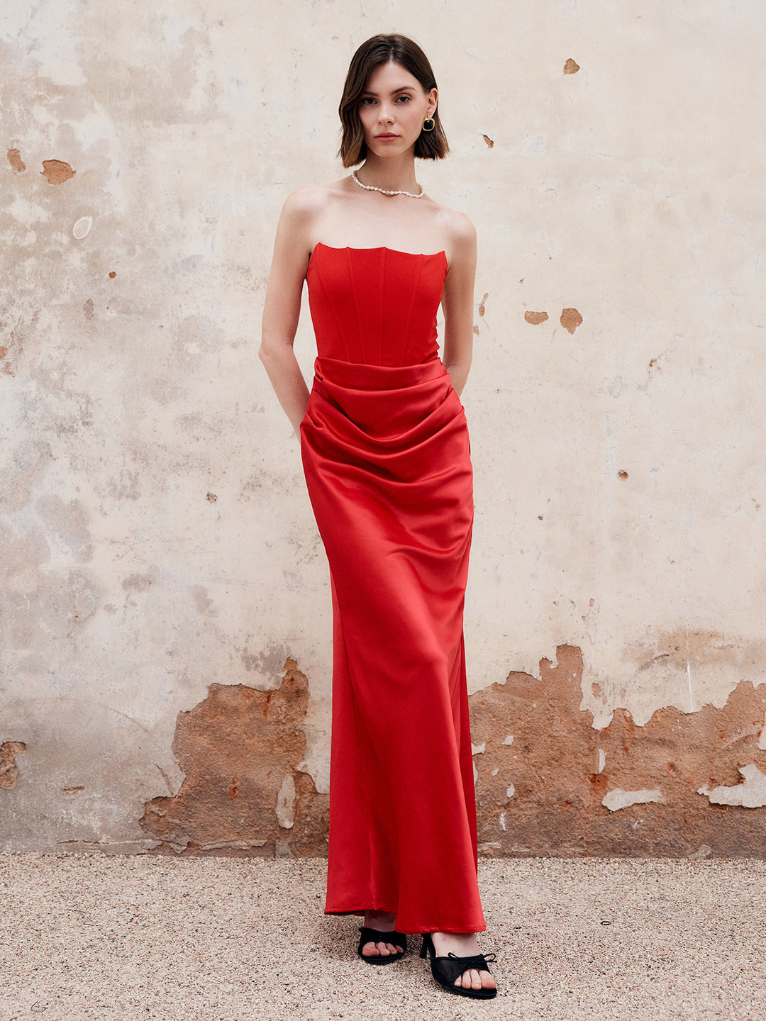 Robe Longue à Bretelles Plissées avec Fermeture Éclair