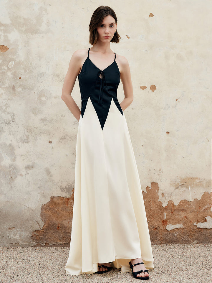 Robe Longue Patineuse Plissée Découpée Color Block