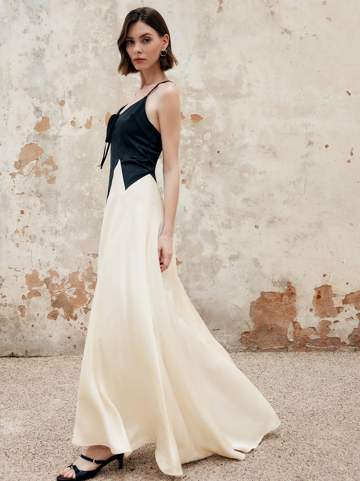 Robe Longue Patineuse Plissée Découpée Color Block