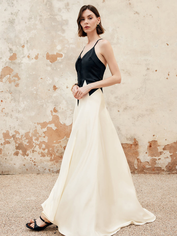 Robe Longue Patineuse Plissée Découpée Color Block