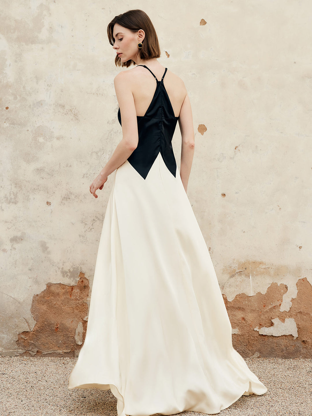 Robe Longue Patineuse Plissée Découpée Color Block