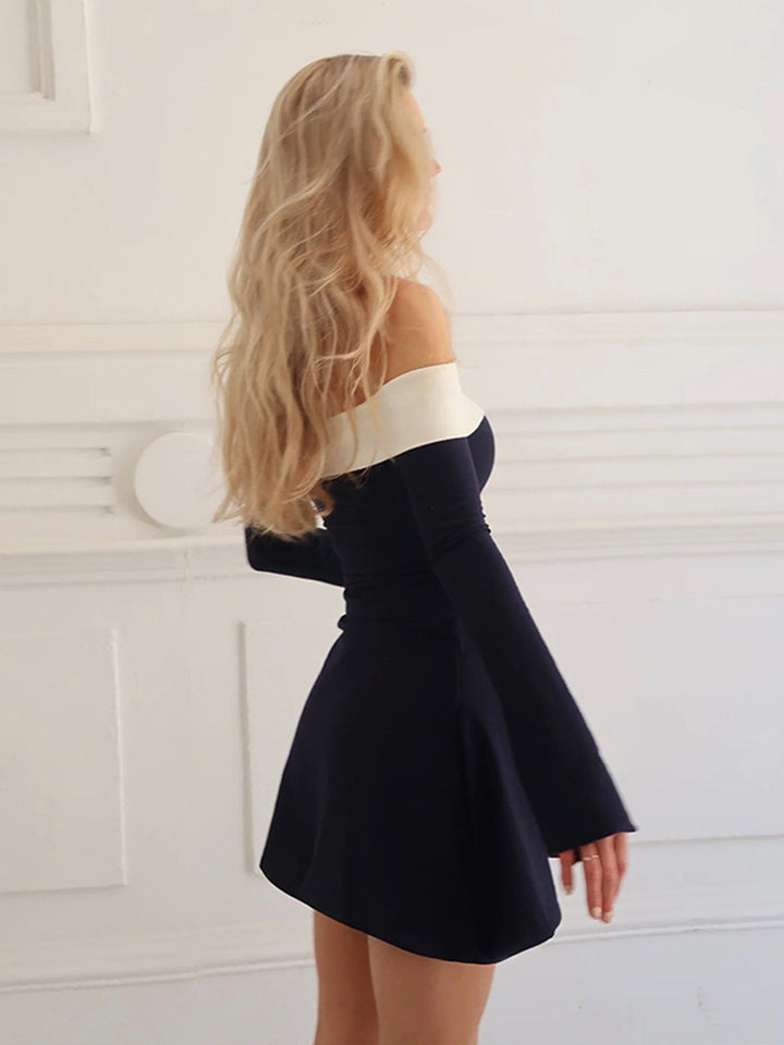 Robe Courte Manches Longues Col Bardot Color Block