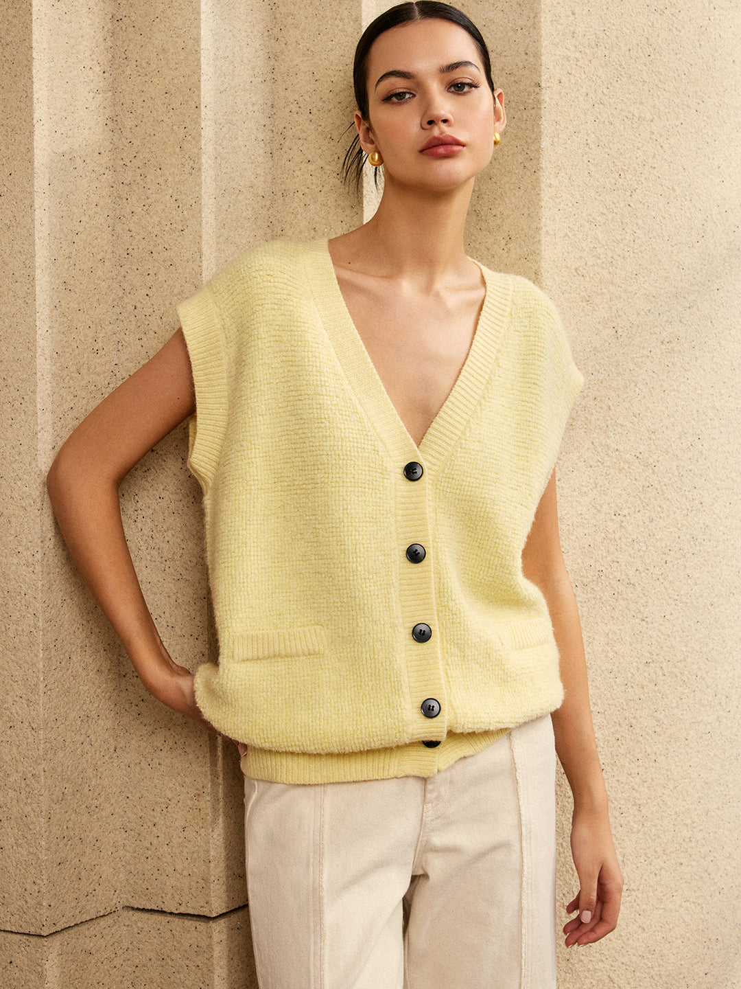 Gilet Pull Oversized à Col V et Boutons