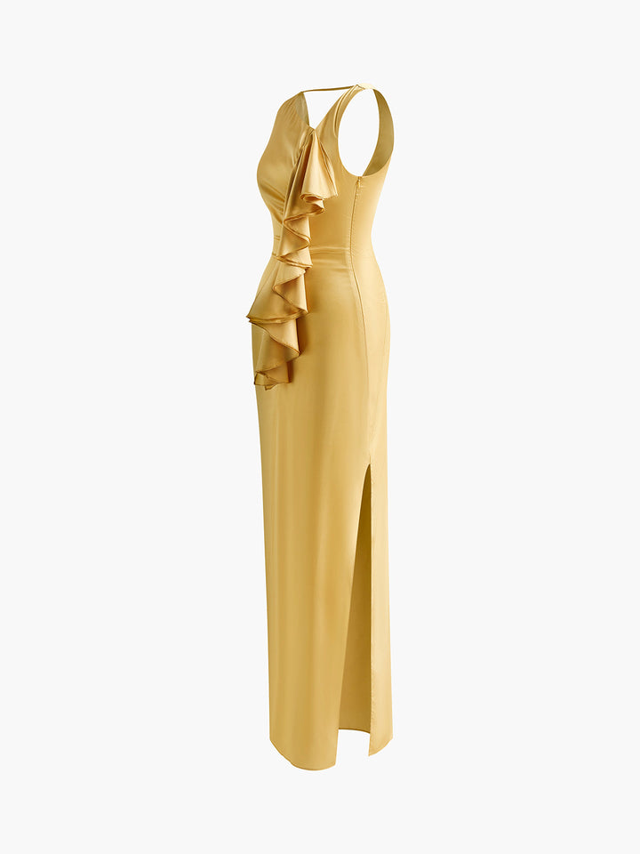 Robe Longue Dos Nu Asymétrique à Volants