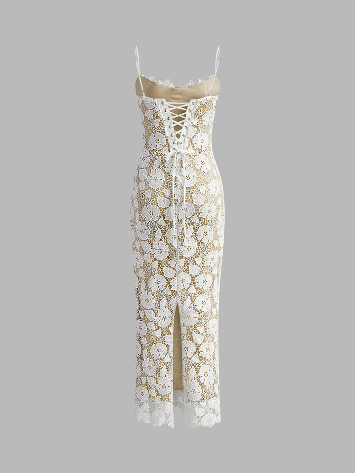 Robe Cami à Volants en Dentelle Double Couche Semi-Transparente