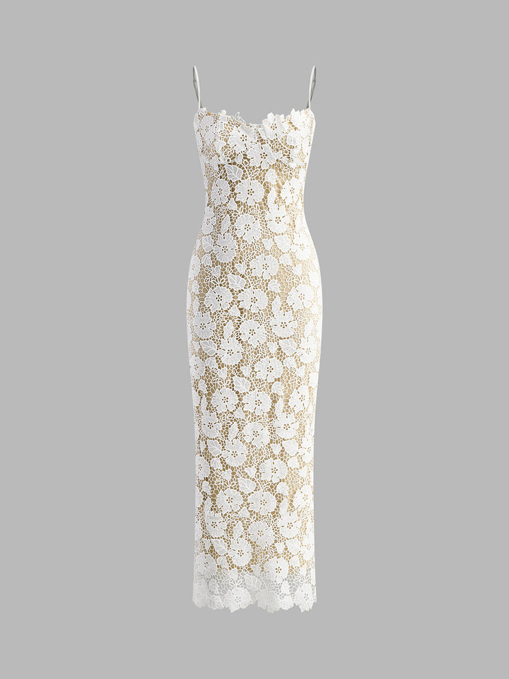 Robe Cami à Volants en Dentelle Double Couche Semi-Transparente