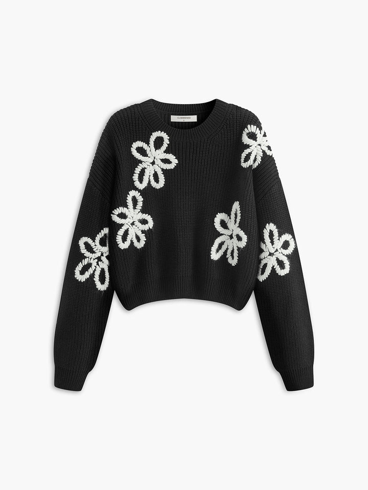 Haut en tricot côtelé à col rond et motif floral