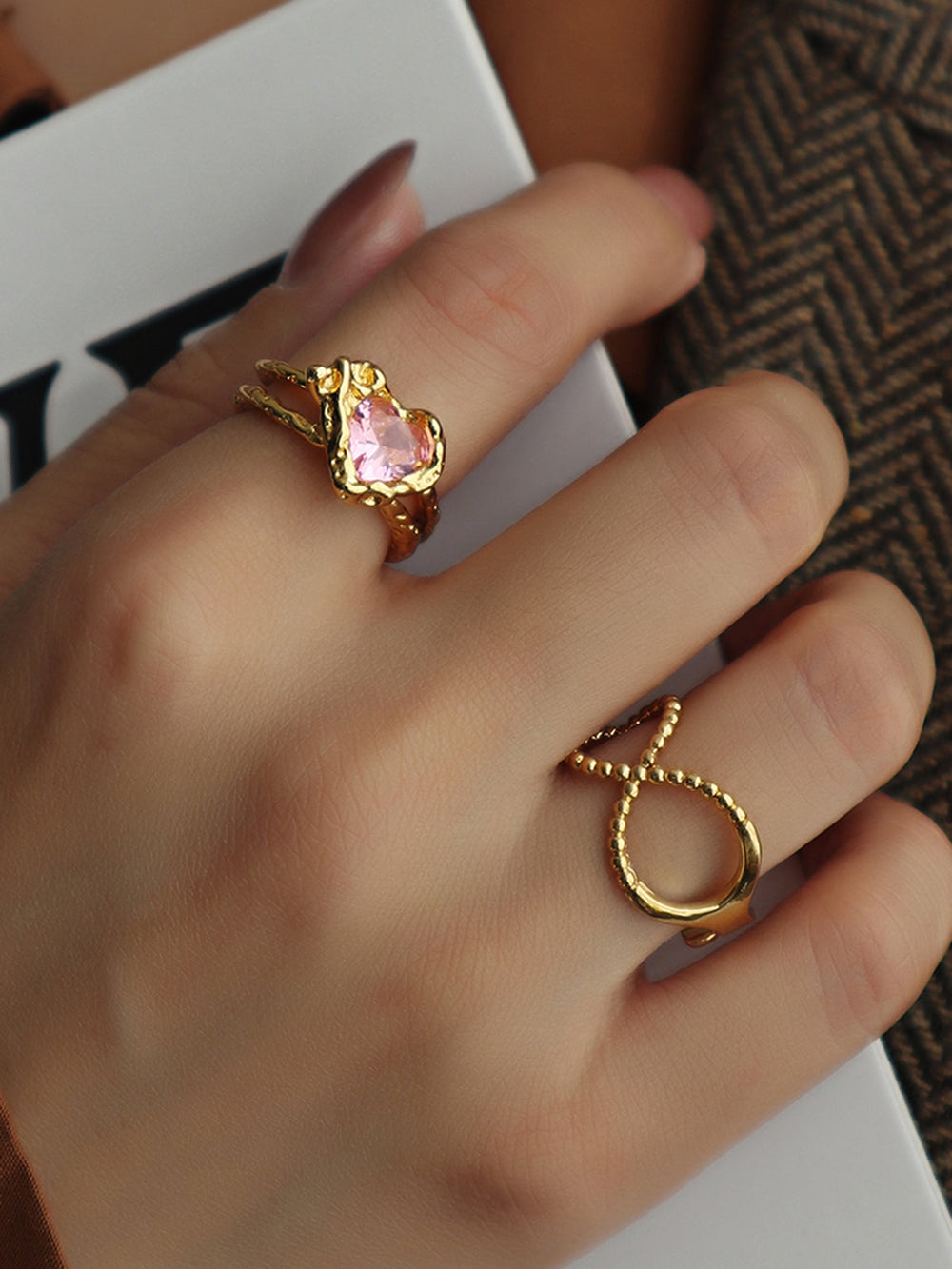 Bague Ouverte Réglable à Strass en Cœur