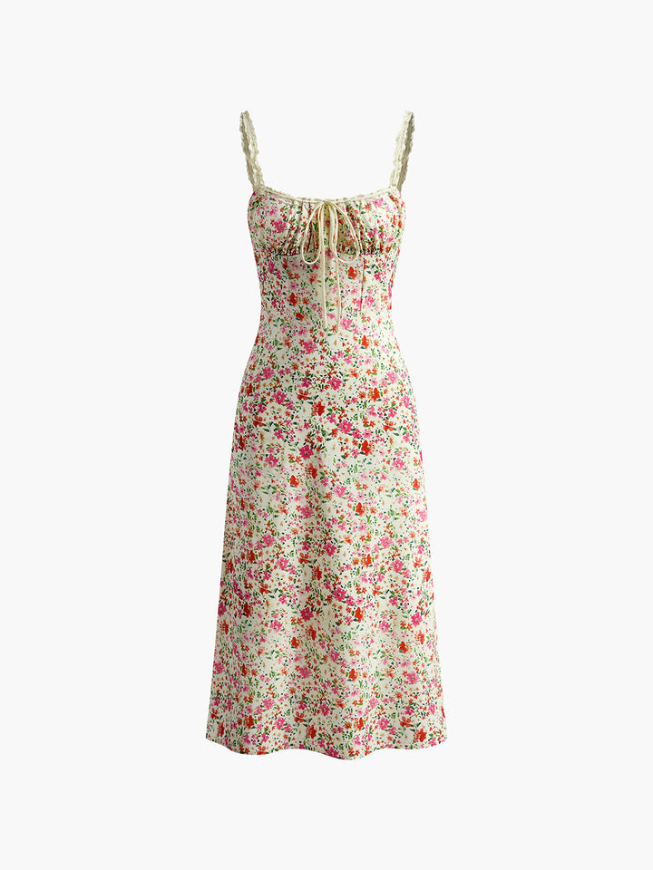 Robe Mi-longue à Imprimé Floral et Passepoil