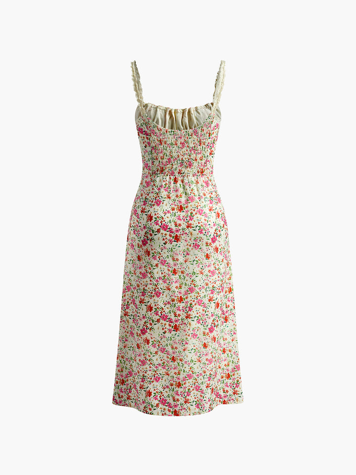 Robe Mi-longue à Imprimé Floral et Passepoil