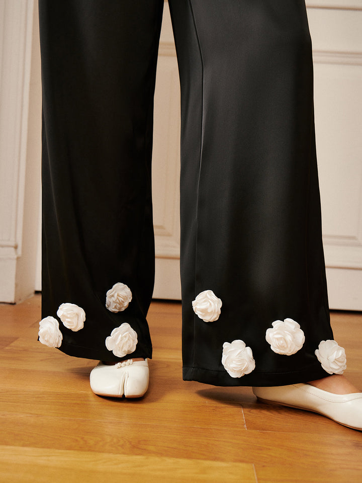 Pantalons Boutonnés Fleur Satinée 3D