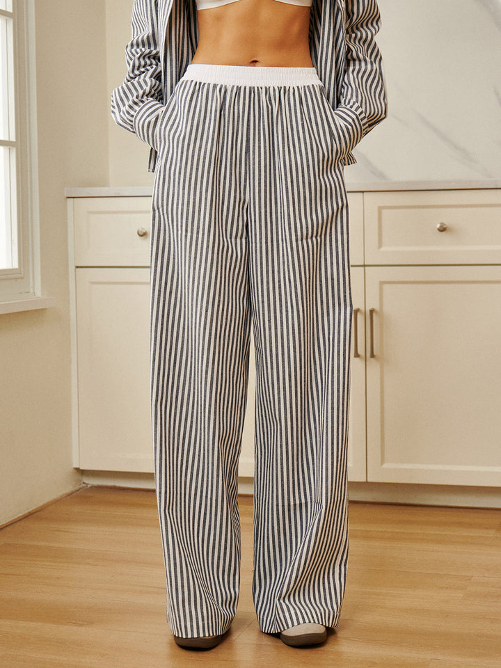 Pantalons Amples à Revers Contrastants Pinstripe