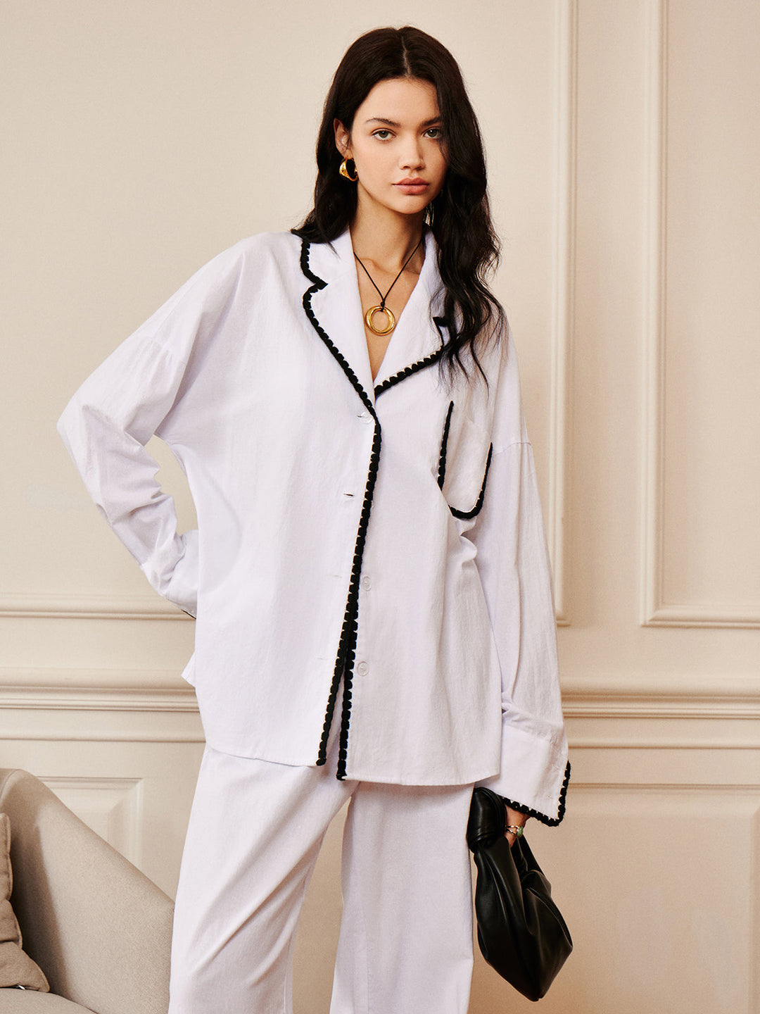 Chemise à col avec finition contrastante en pur coton