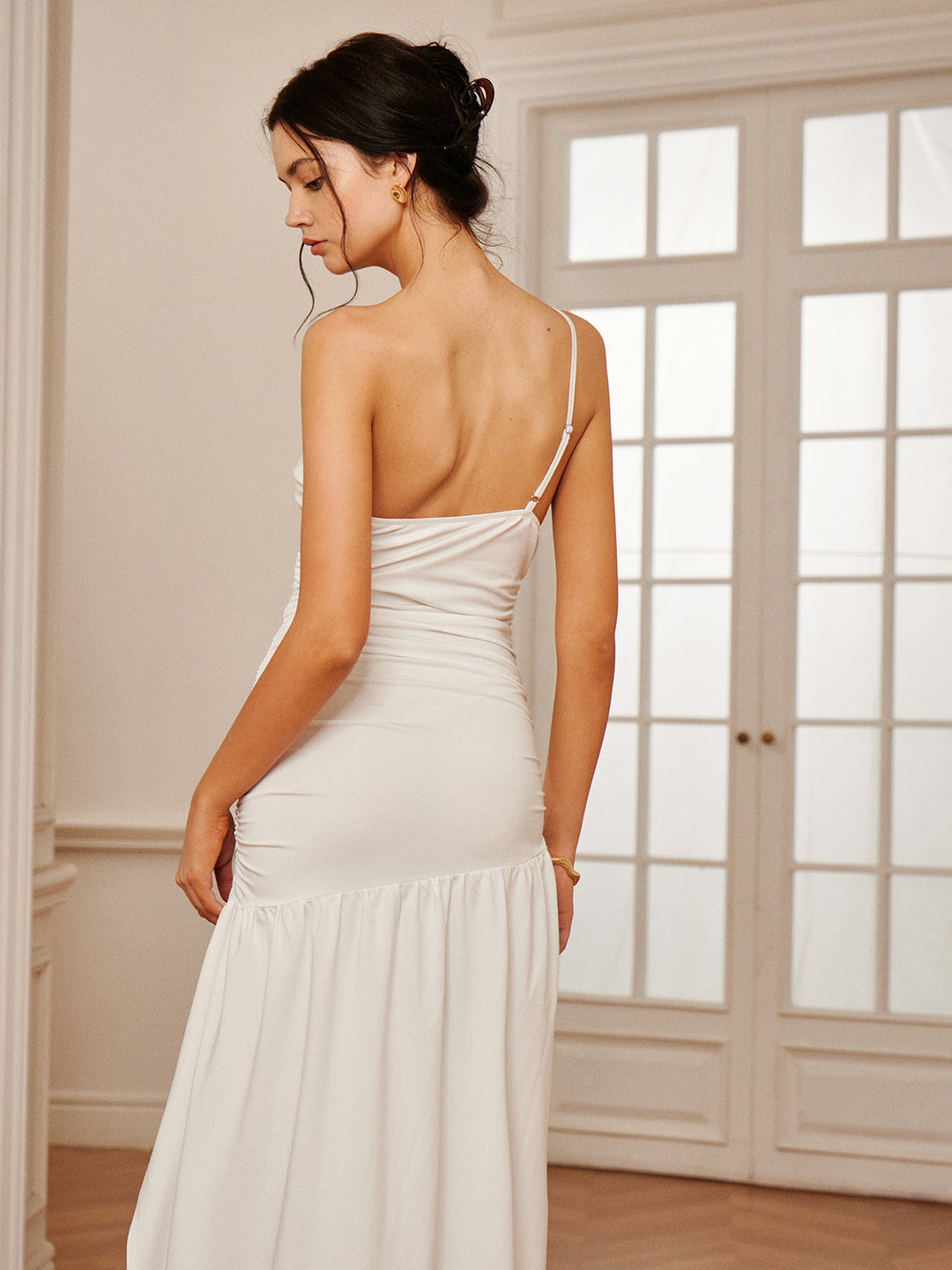 Robe Longue Plissée à Une Épaule et Fente
