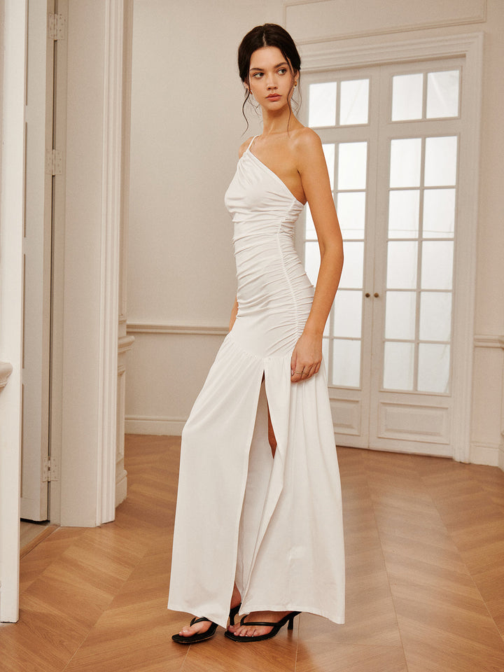 Robe Longue Plissée à Une Épaule et Fente