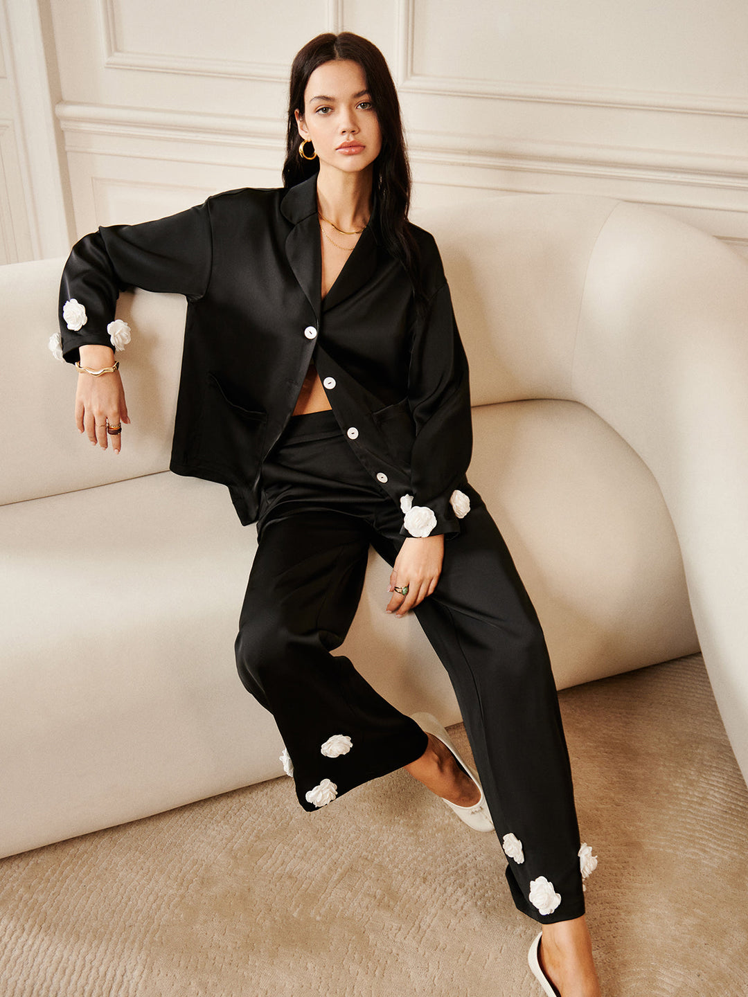 Chemise à Poche Fleurie Satinée 3D