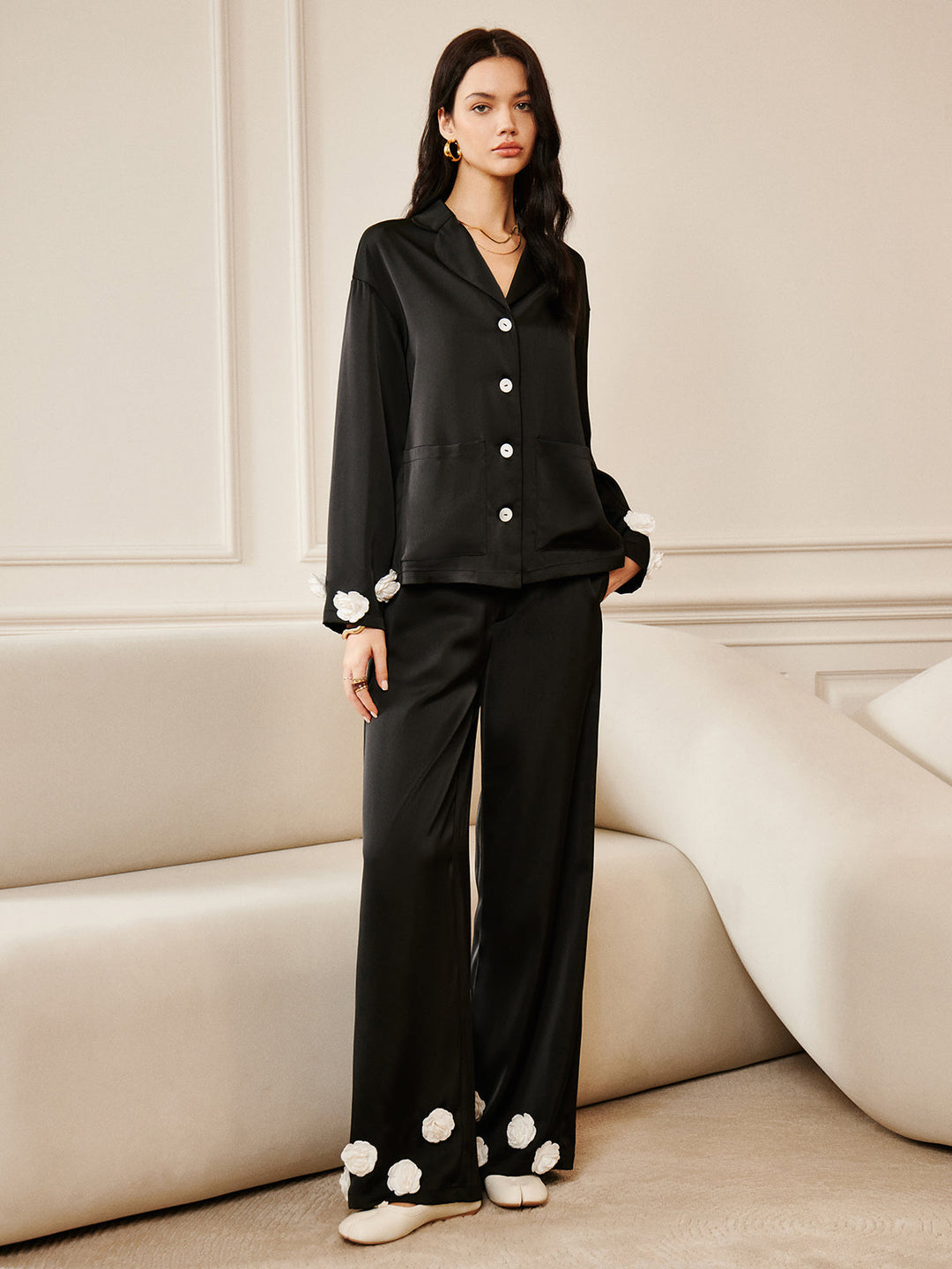 Chemise à Poche Fleurie Satinée 3D