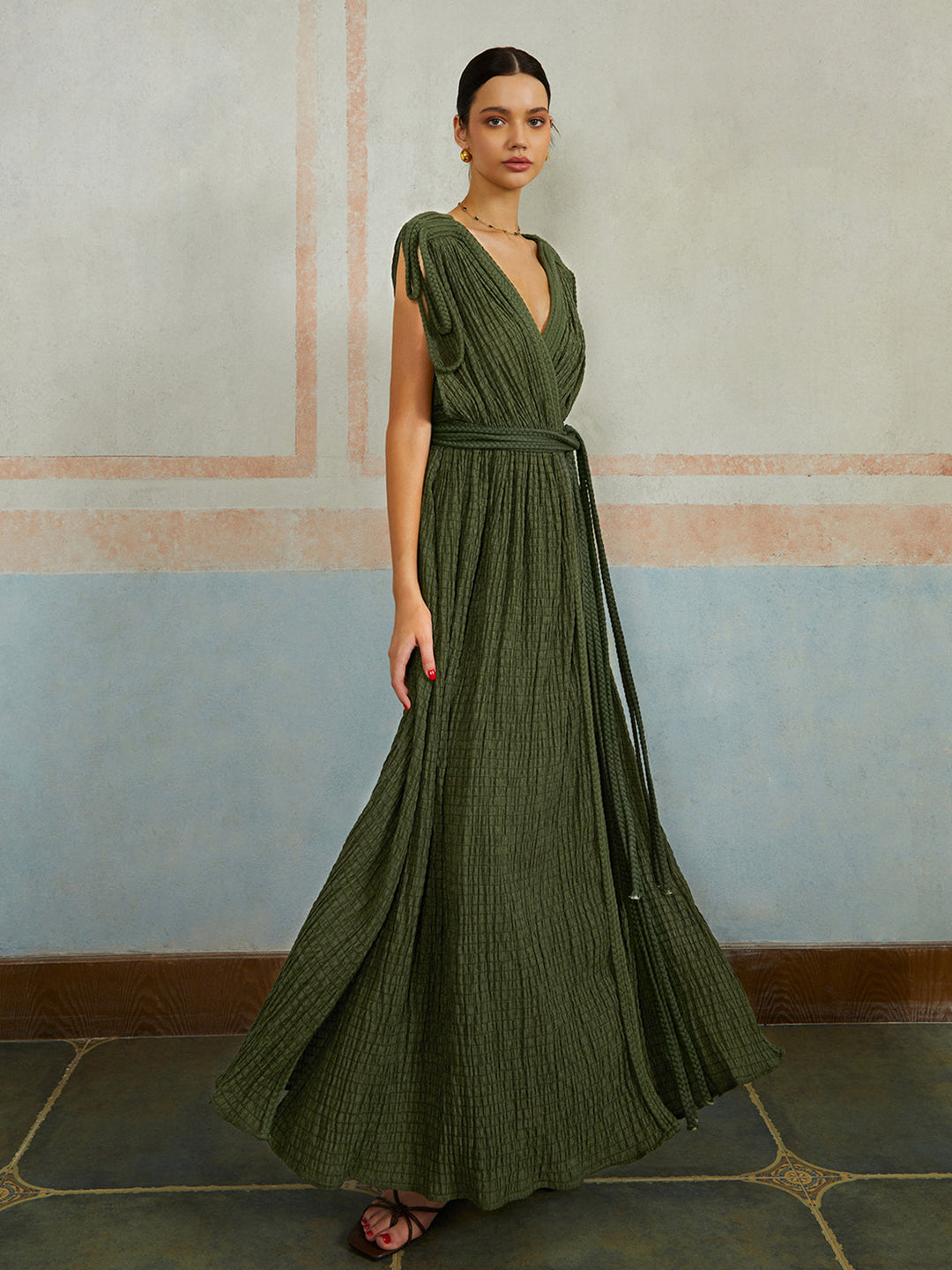 Robe Longue Plissée Ceinturée Décontractée