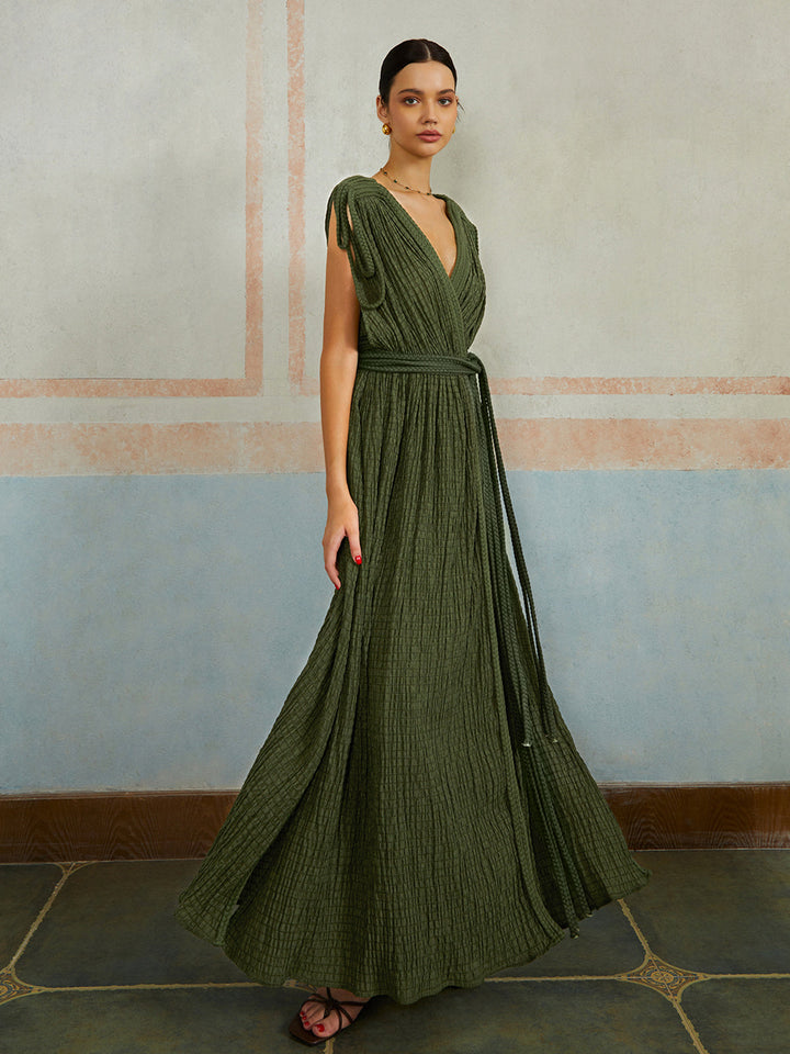 Robe Longue Plissée Ceinturée Décontractée