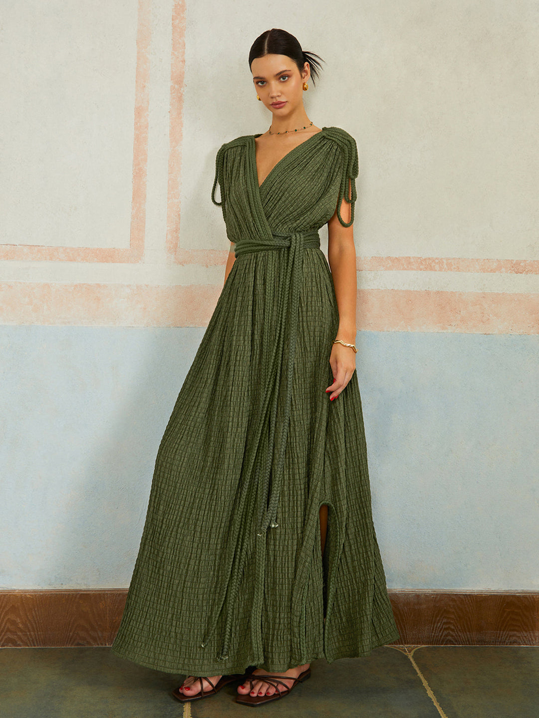 Robe Longue Plissée Ceinturée Décontractée