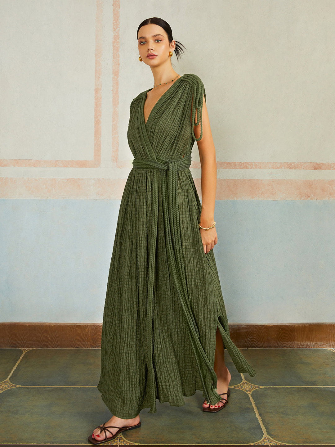 Robe Longue Plissée Ceinturée Décontractée