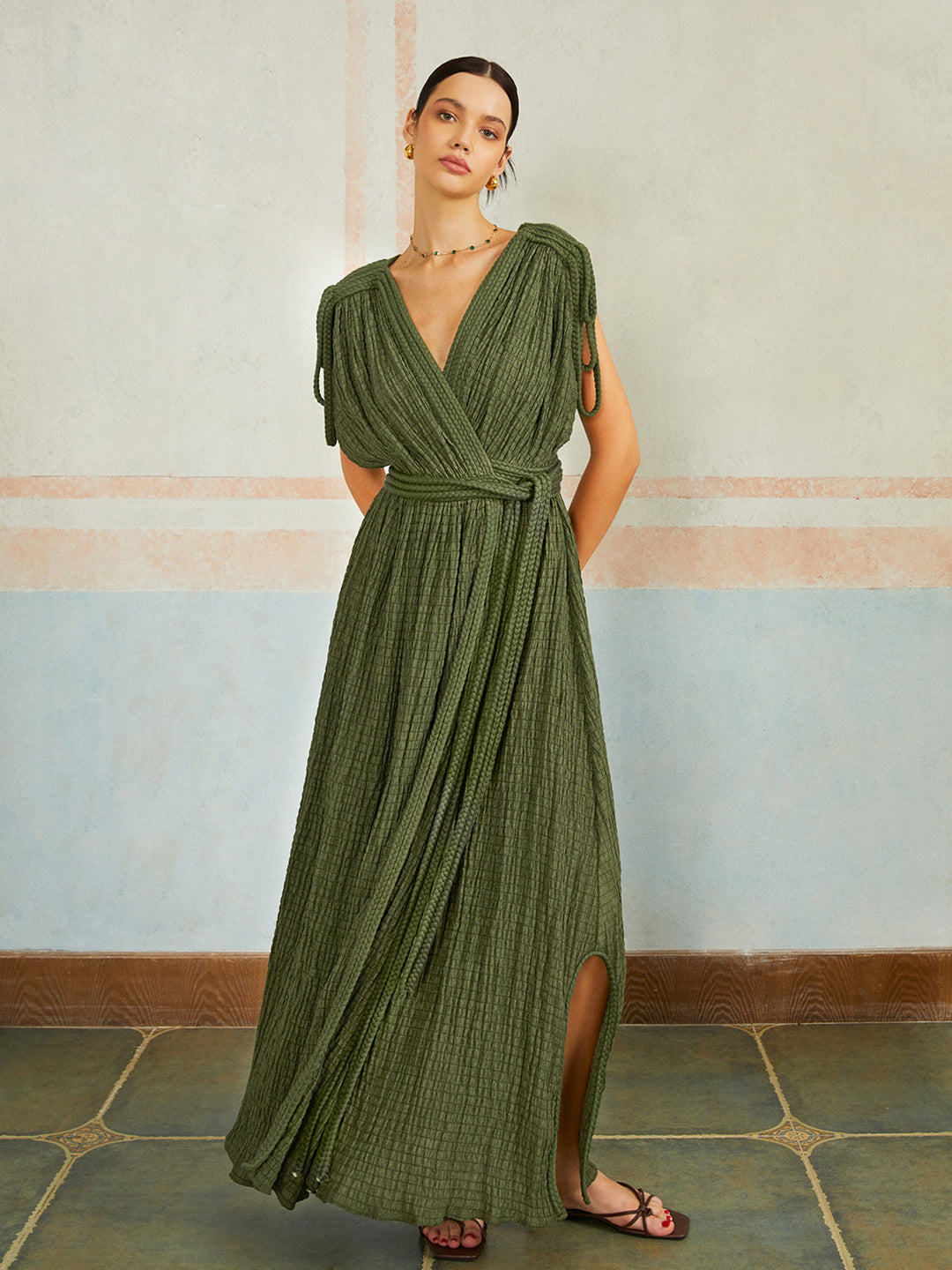 Robe Longue Plissée Ceinturée Décontractée