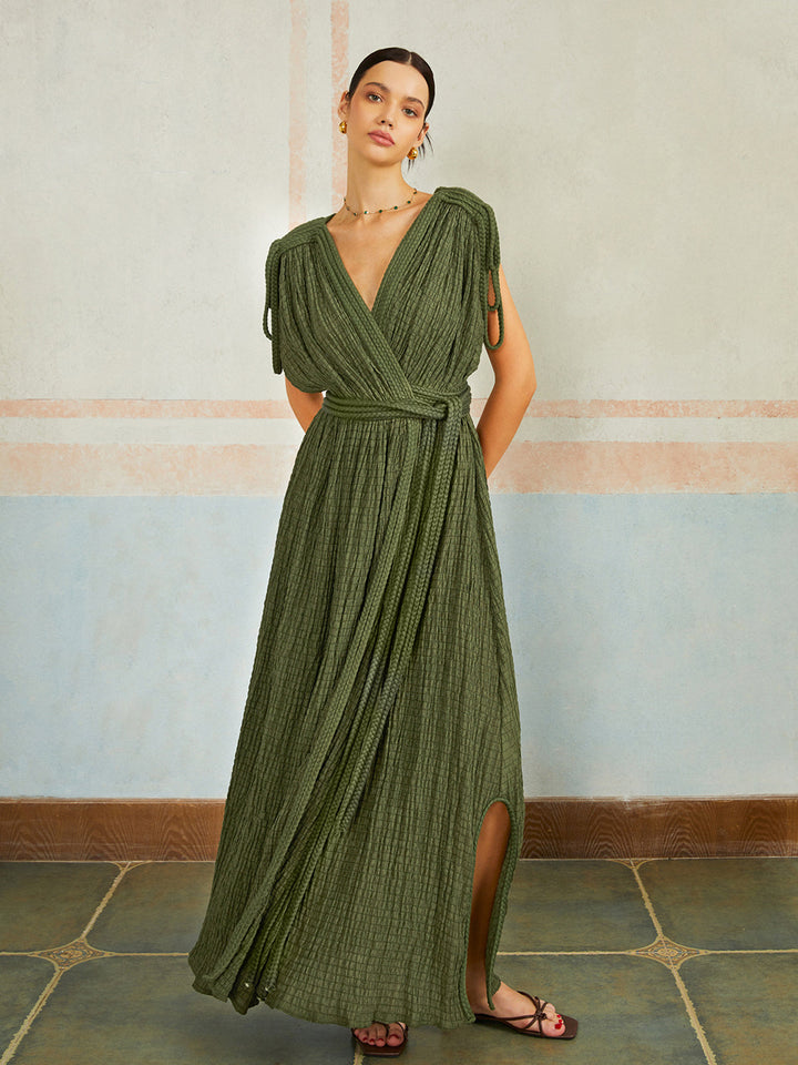 Robe Longue Plissée Ceinturée Décontractée
