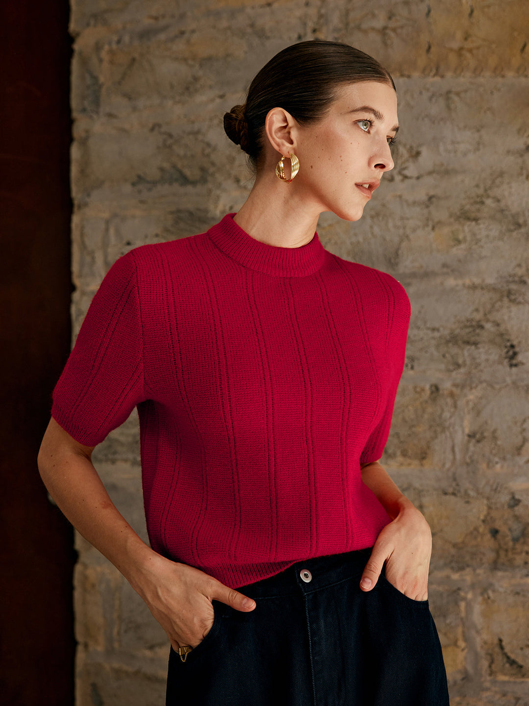 Haut en tricot côtelé uni rétro