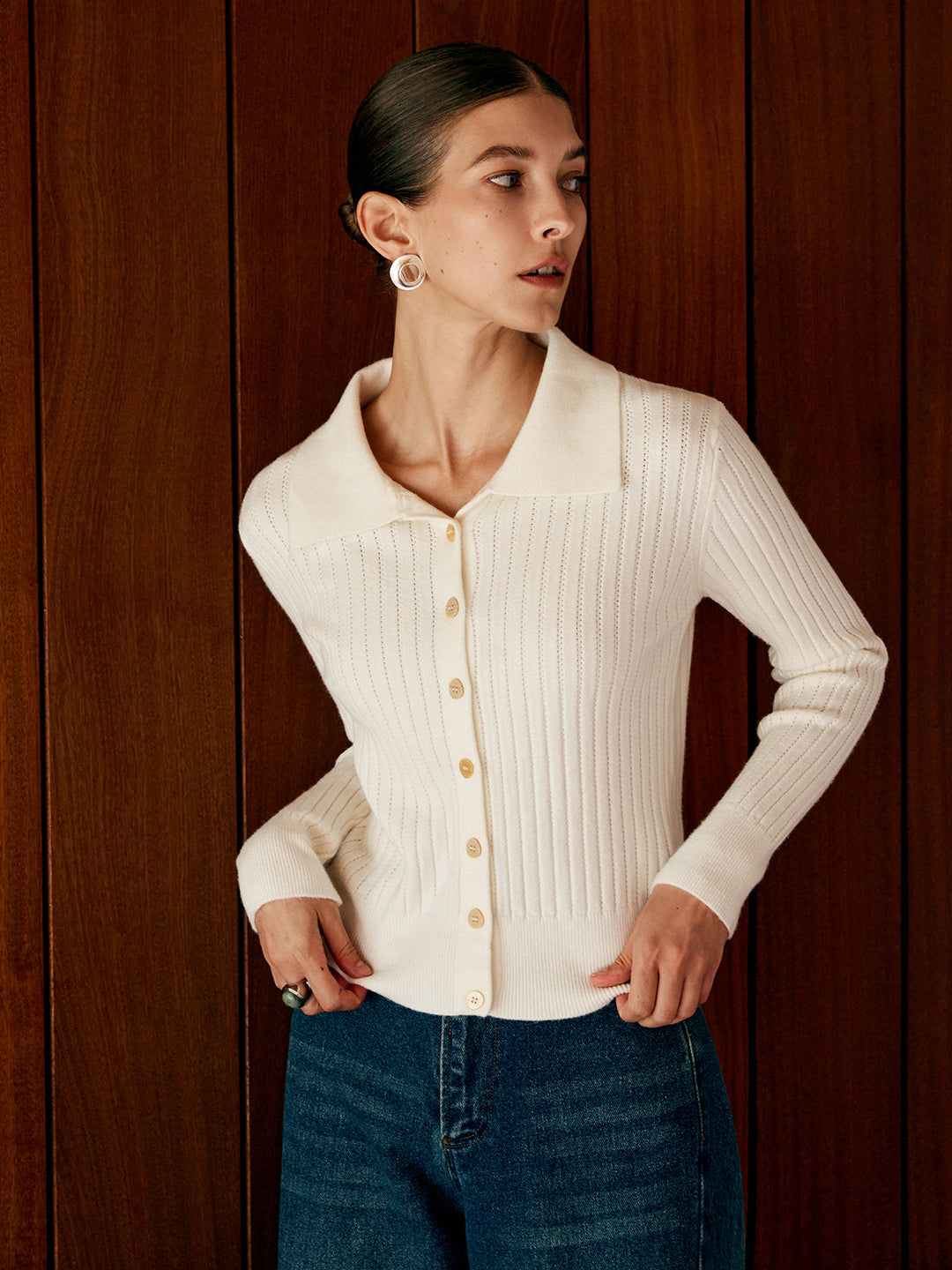 Cardigan en tricot à revers en mélange de laine