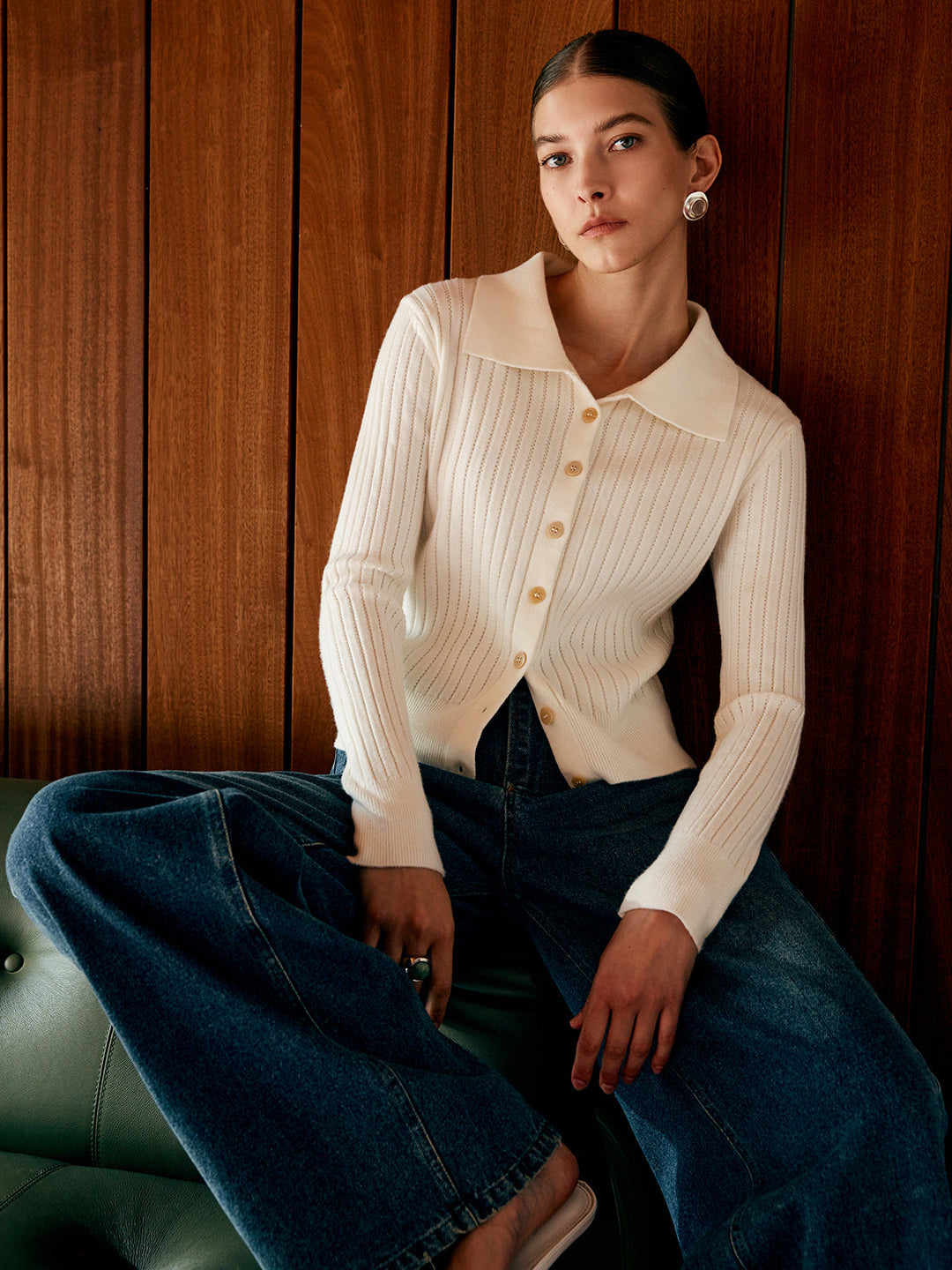 Cardigan en tricot à revers en mélange de laine
