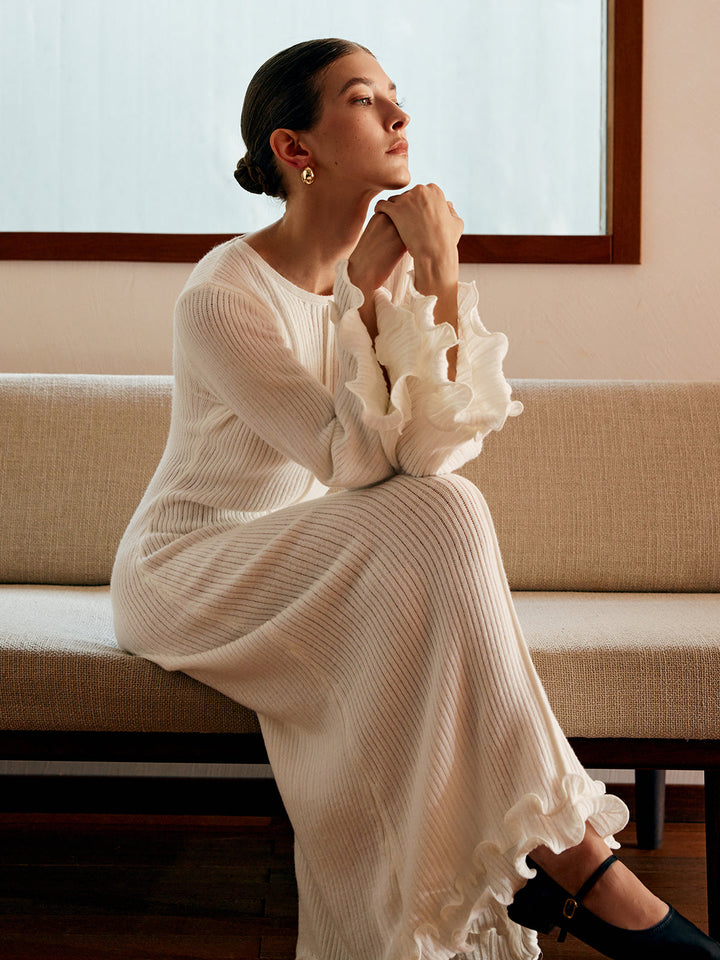 Robe en tricot à cordon de serrage avec volants et passepoil semi-transparent