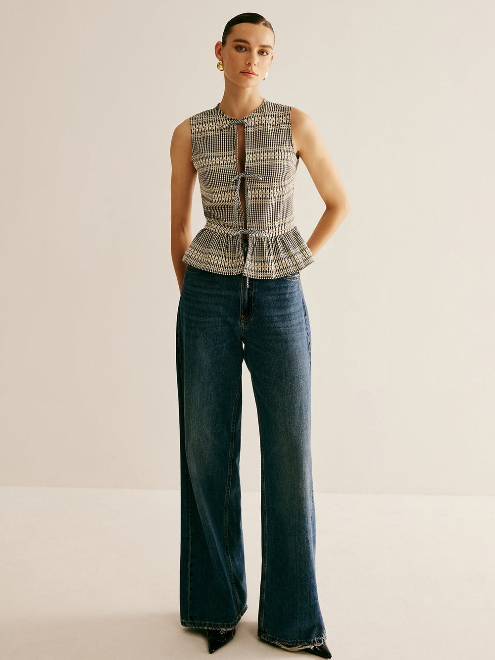 Haut sans manches à volants avec nœud à l'avant en**Plaid**