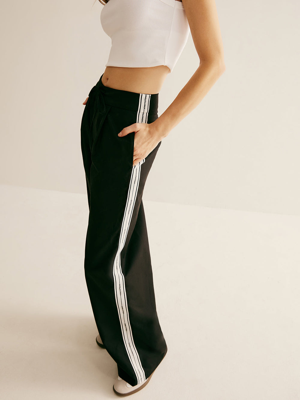 Pantalon Patchwork Taille Haute à Cordon