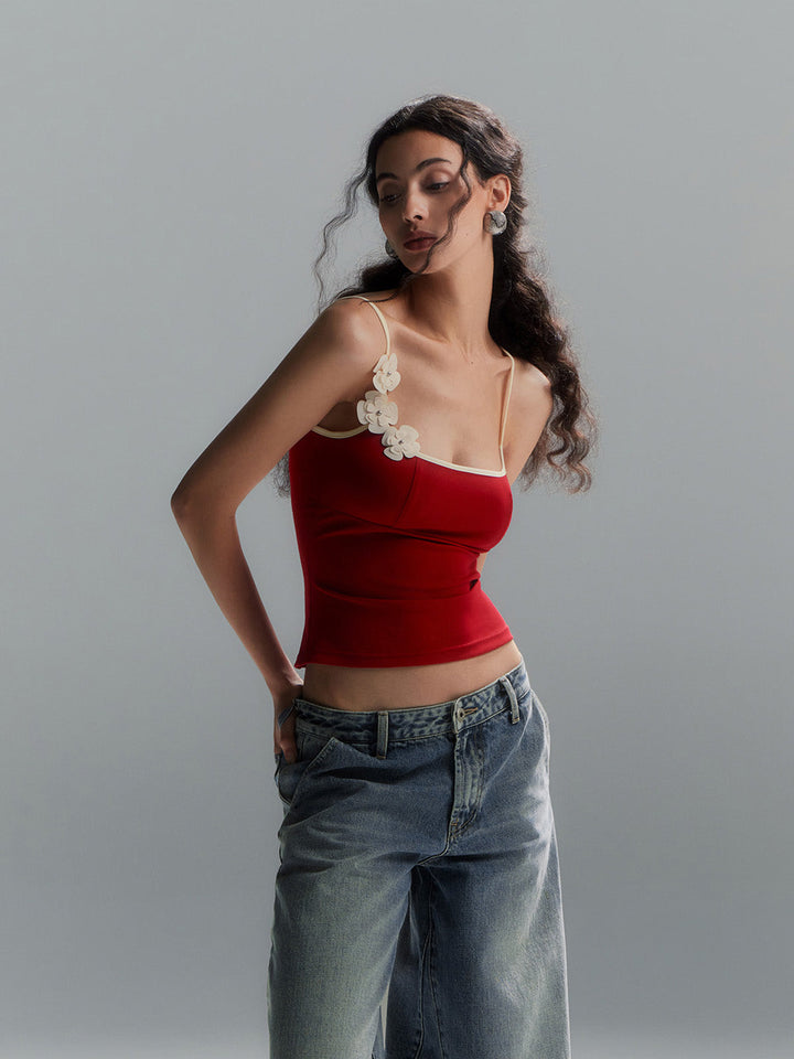 Haut Cami Ajusté Floral à Bordures Contrastées