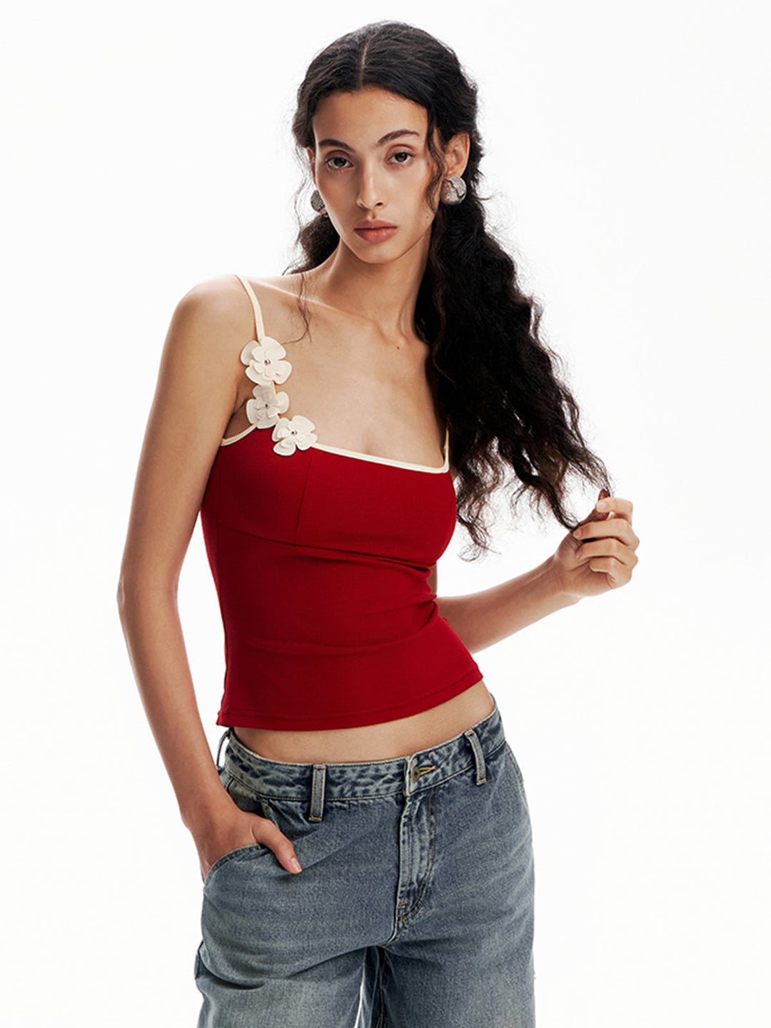 Haut Cami Ajusté Floral à Bordures Contrastées