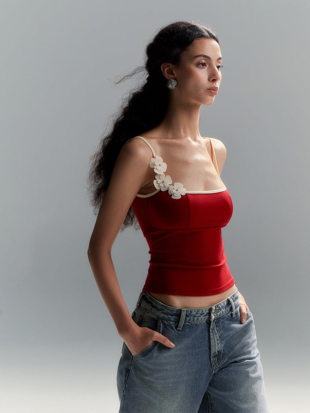 Haut Cami Ajusté Floral à Bordures Contrastées