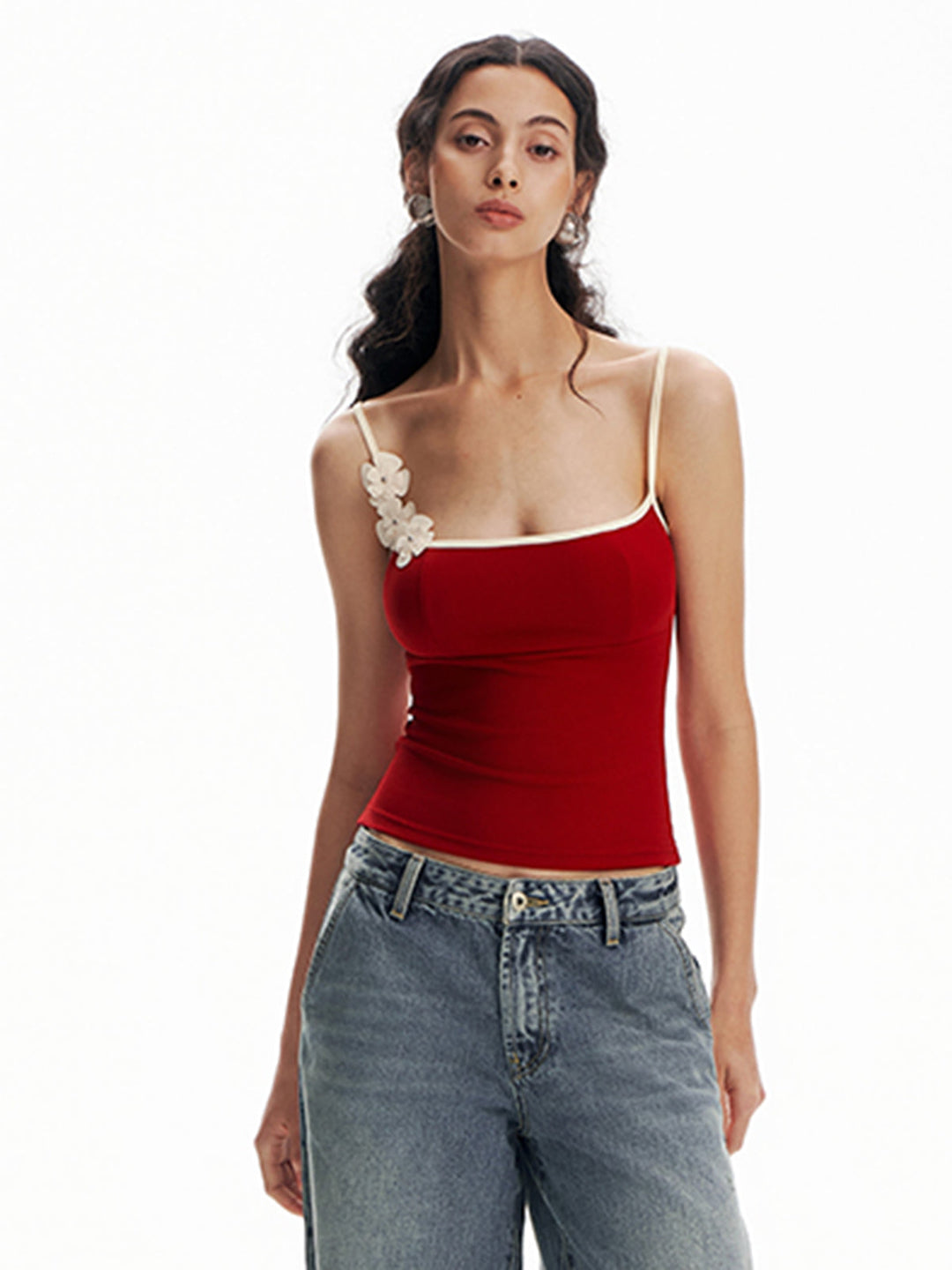 Haut Cami Ajusté Floral à Bordures Contrastées