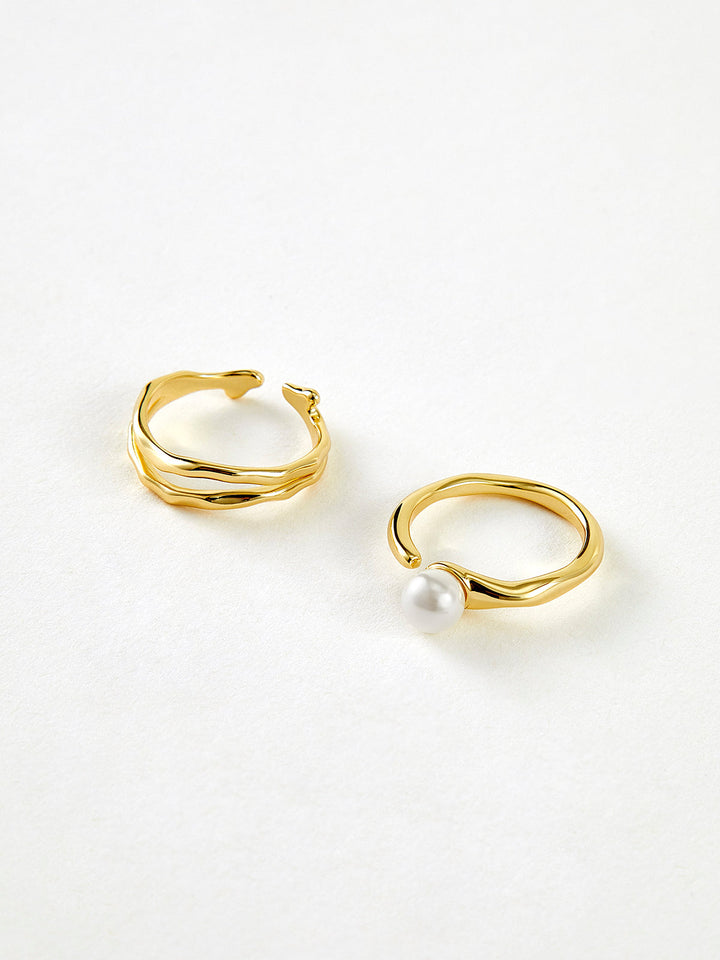 2pcs Bague Ouverte Perle Dorée Ondulée