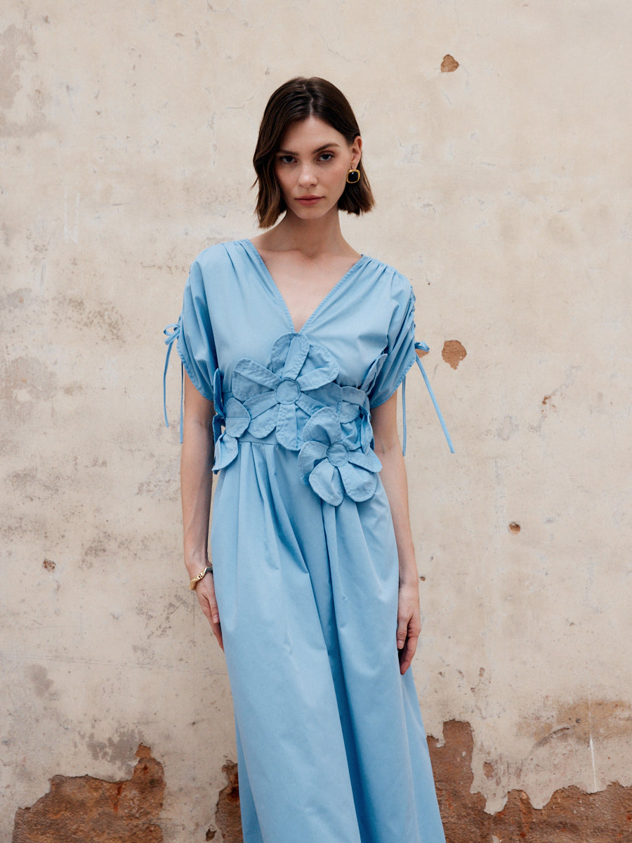 Robe Longue à Col en V et Cordon de Serrage